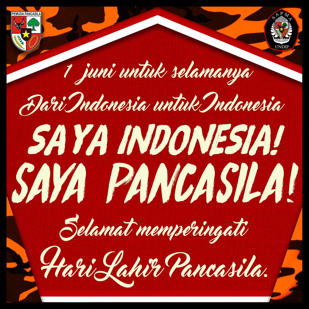 SAPMAPPUNDIP's tweet photo. SAPMA PP UNDIP Mengucapkan

 "Selamat Memperingati Hari Kelahiran Pancasila"

BHINNEKA TUNGGAL IKA!
NKRI HARGA MATI!!!
PANCASILA!!!!! https://t.co/FlBHHsG4ut
