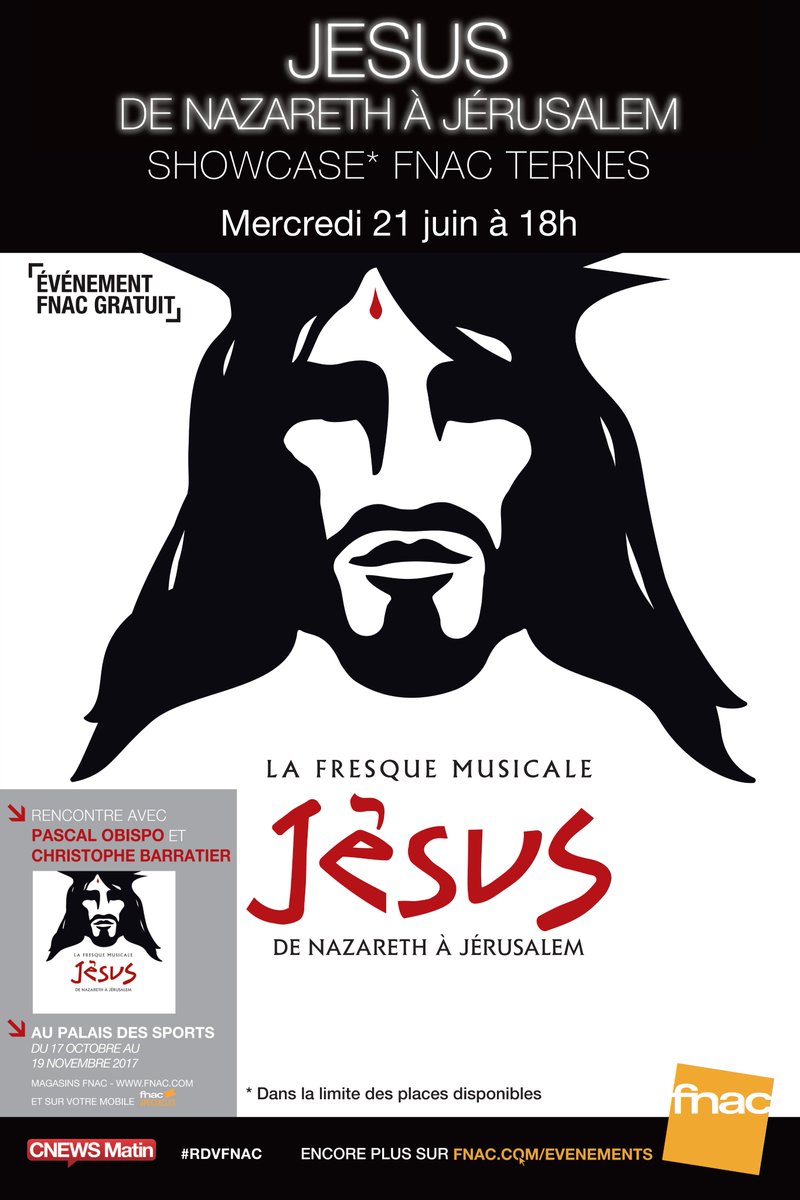 OlympiaProd's tweet photo. LE 21 JUIN à 18H 👉 Venez assister au Showcase de la troupe @JesusSpectacle et rencontrer @ObispoPascal &amp; @CBarratier @Fnac Ternes à Paris https://t.co/1Gp55VqXVo