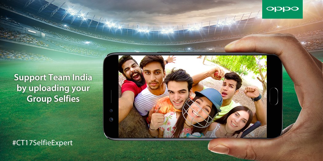OPPOIndia's tweet photo. Upload ur group selfies 2 win an #OPPOF3​ Black Edition​ or Team India's new jersey.
Participate - https://t.co/AE2u1OBM9x
#CT17SelfieExpert https://t.co/mH7PU5nG1T