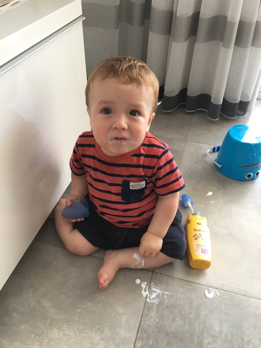 practical_dads's tweet photo. Nothing says holiday like eating suncream less than an after arriving! 😎 can't leave him alone for a minute! #LooksLikeYogurt #MmmmSuncream https://t.co/IlYYxjHqyL