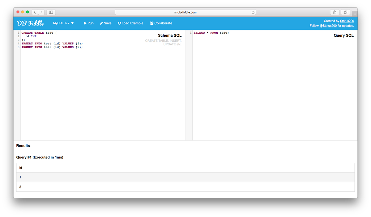Status200's tweet image. Looking to test, debug or share SQL snippets? Check out db-fiddle.com #sqlfiddle #sql #mysql #pgsql #sqlite