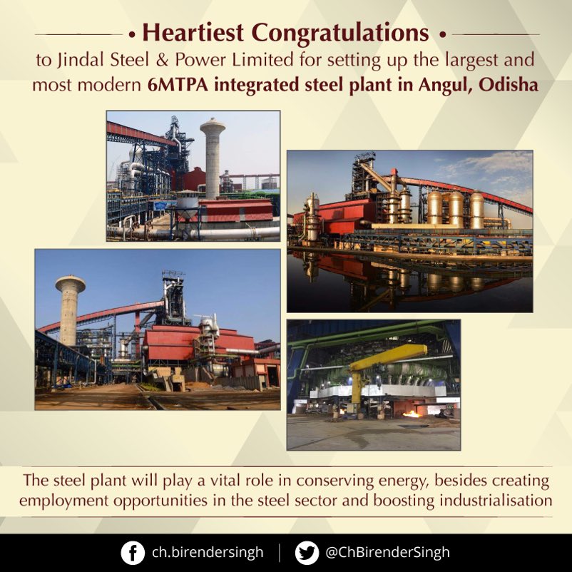 ChBirenderSingh's tweet photo. Odisha’s largest &amp; most modern integrated steel plant in Angul will ensure conservation of energy and boost growth of the steel sector. https://t.co/LMkVbUgWC3