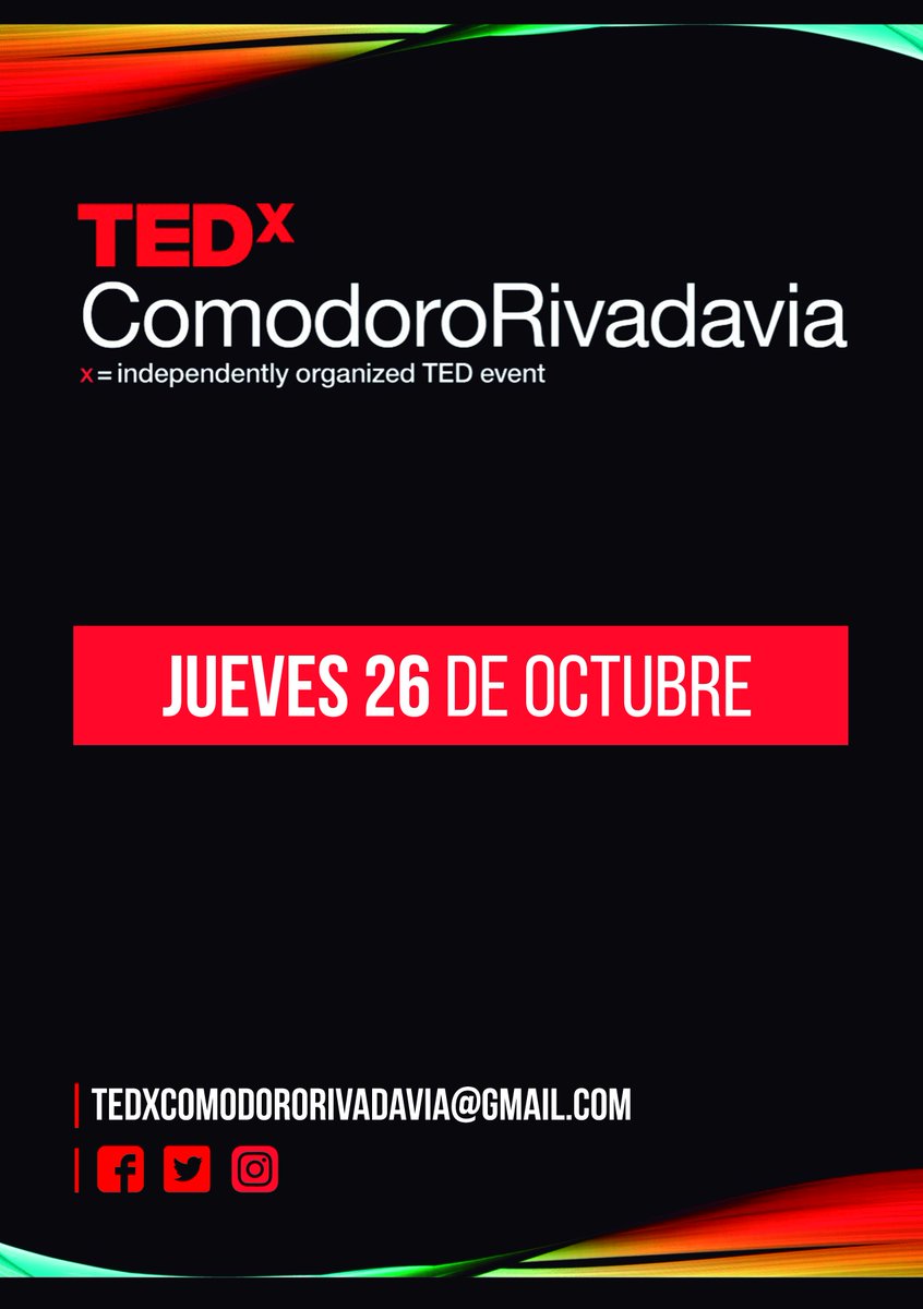 TEDxComRiv's tweet photo. Ya tenemos fecha para la Tercer Edición de TEDxComodoroRivadavia!!
Próximamente les contamos cómo inscribirse y las novedades de este año!!! https://t.co/vlcs8UKpOE