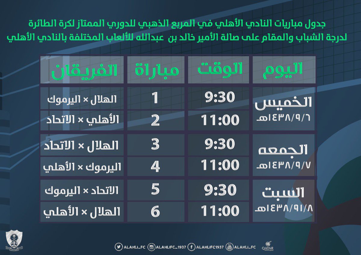النادي الأهلي السعودي On Twitter جدول مباريات النادي الاهلي في بطولة المربع الذهبي للدوري الممتاز لكرة الطائرة لدرجة الشباب والتي ستنطلق مساء اليوم العاب الملكي Https T Co 3bvyjrmluf