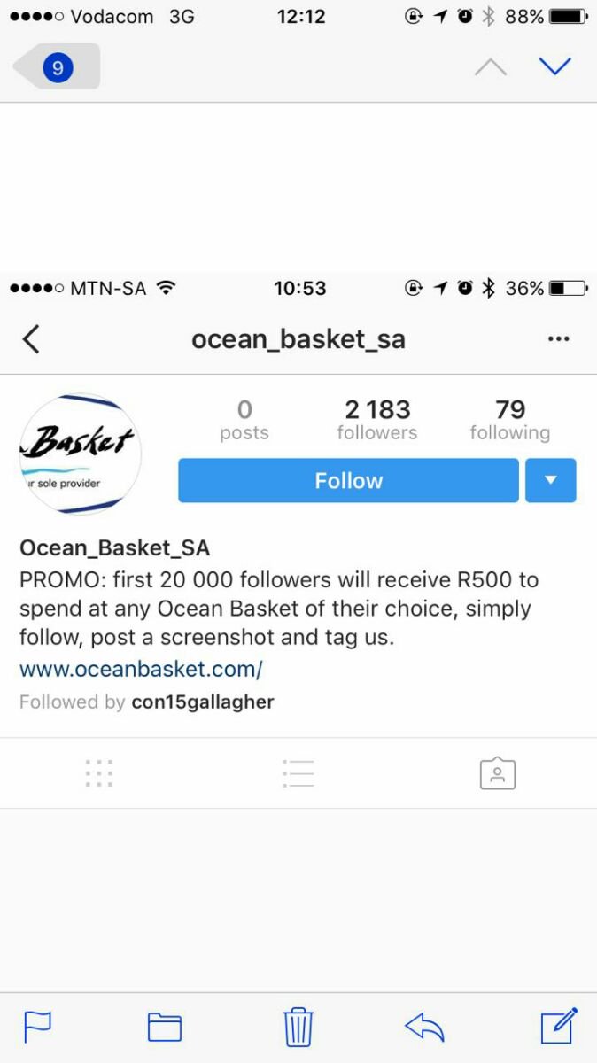 TheOceanBasket's tweet photo. Please note that the Instagram account, @ocean_basket_sa, offering R500 Ocean Basket meal vouchers, is a fake account. https://t.co/nlYcjhzNsu