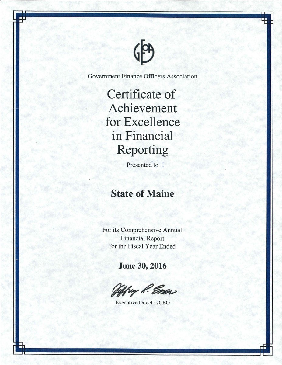 A copy of the certificate of achievement presented to the State of Maine.