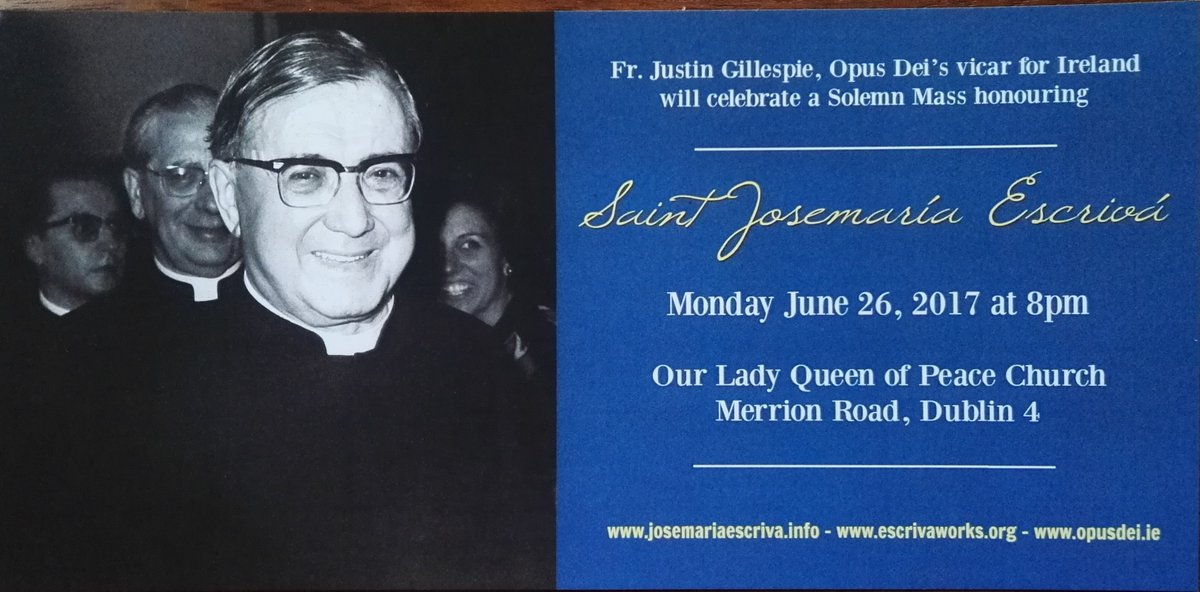 MerrionRdChurch's tweet photo. Solemn Mass in honour of St Josemaría Escrivá, Monday 26 June 2017 at 8pm,  in Our Lady Queen of Peace.
See: https://t.co/mij3zZqPca https://t.co/MbTqxhbBGy