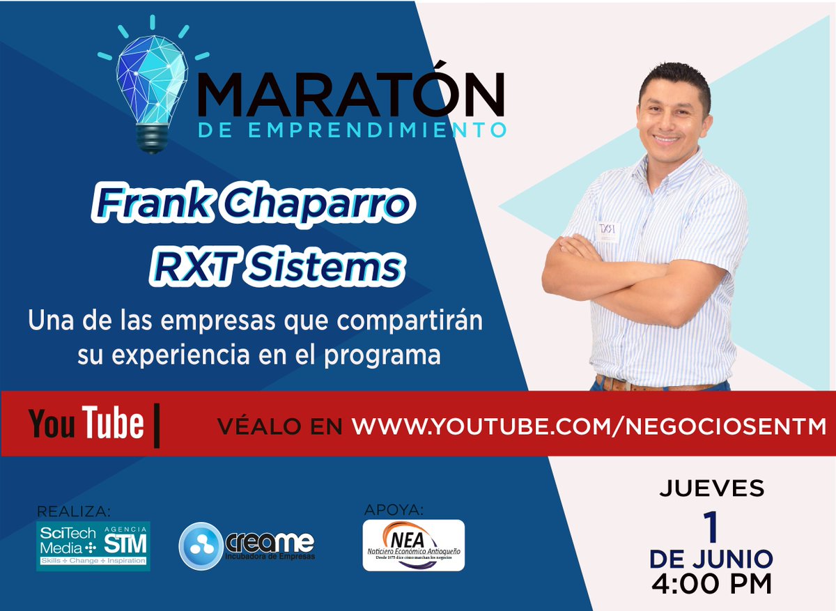 infocreame's tweet photo. Hoy tenemos una cita #MaratóndeEmprendimiento nos acompañará @rxt_systems una empresa innovadora en el sector salud https://t.co/esQyZtLqBT https://t.co/BskaRyTQPl