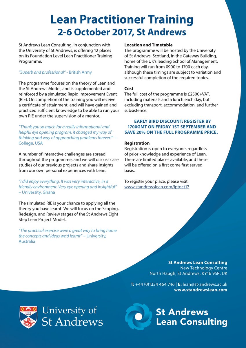 LeanUni's tweet photo. #Lean Practitioner Training - 2-6 Oct 17, St Andrews. Early Bird: Save 20% if you book by 1 Sep. Find out more here: https://t.co/x1rDmMqP3o https://t.co/o4eCG7t4cV