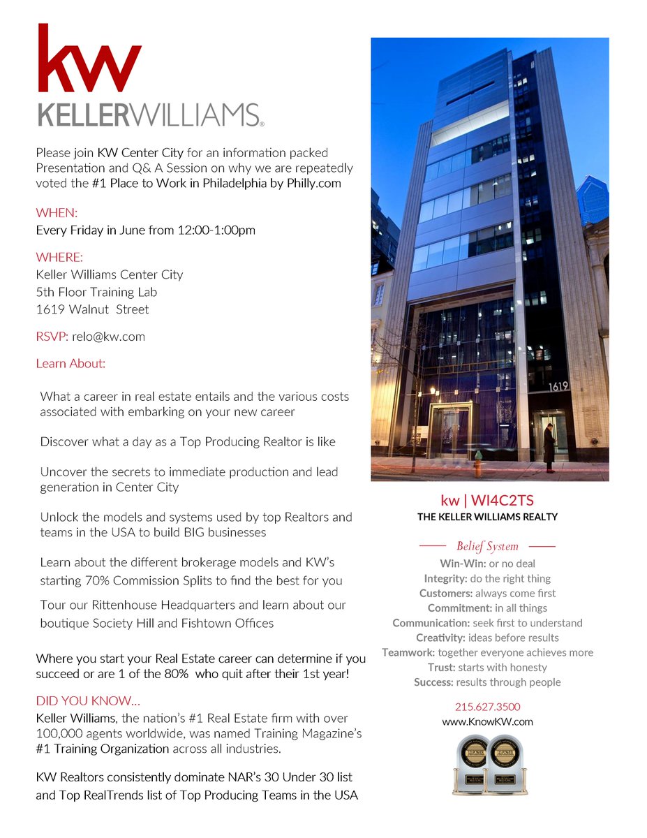KWCenterCity's tweet photo. Get to Know KW! Join us for an info packed session on why KW is repeatedly voted the #1 Place to Work in Philadelphia! Every Friday in June! https://t.co/yBr5tCLgei