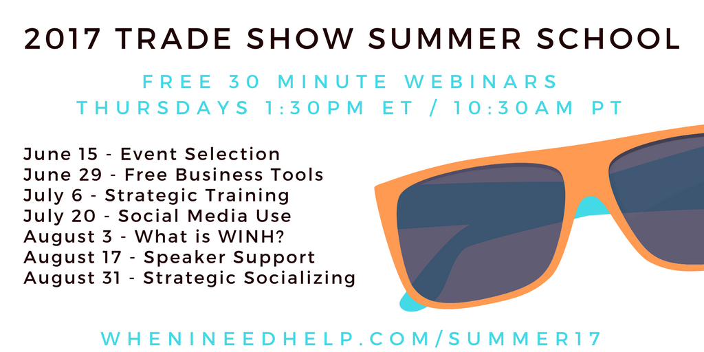 Robyn_WINH's tweet photo. Update: https://t.co/n3zzObMVbZ | Registration for Trade Show Summer School is now open! #webinars #eventprofs #howtotradeshow https://t.co/FaumXUFJ8j