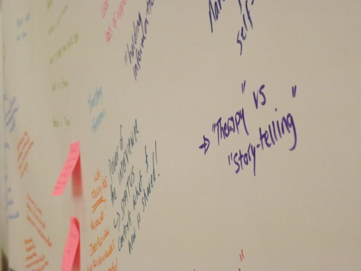 amyhailwood's tweet photo. Our wall of thoughts is getting longer.........#REACT #verbatim #devising #explodingbrains @rxtheatre @RachelMcMurray1 @CatMorefield https://t.co/pmW81t4zUX