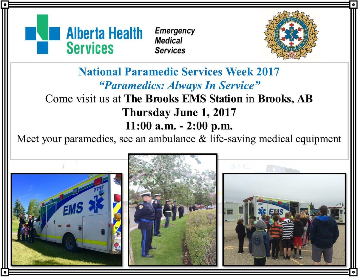 EHS_Alberta's tweet photo. Come check out the National Paramedic Services Week celebrations in the @CityofBrooks today! #YourEMS #psweek2017 @ParamedicChiefs https://t.co/2nQ9LTeL43