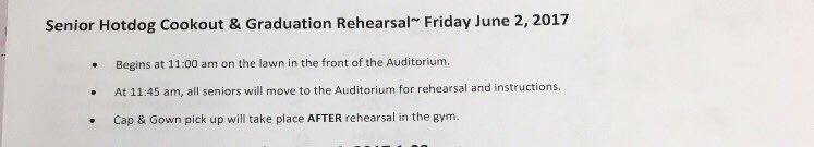 MrsLovett98's tweet photo. Seniors.....the cookout and grad rehearsal are at Creekview tomorrow!!!  Please share! See you tomorrow! @2017exec @creekviewmedia https://t.co/GfdkwnnhY2