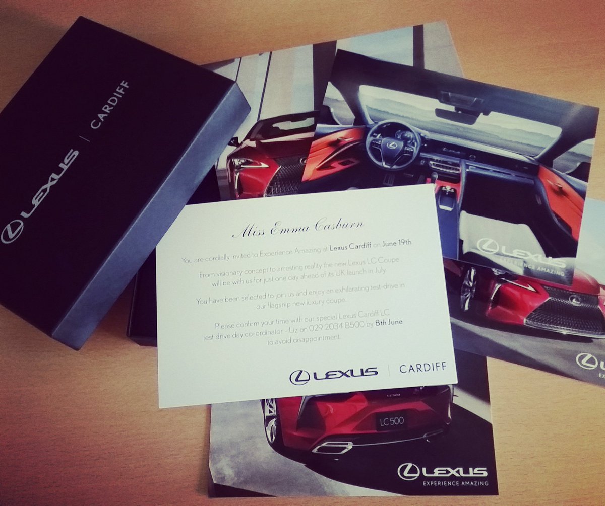 EmmaCasburn's tweet image. Very excited to receive my hand-delivered invitation to test drive the #LexusLC in #Cardiff at their pre-launch event! Thanks @LexusCardiff