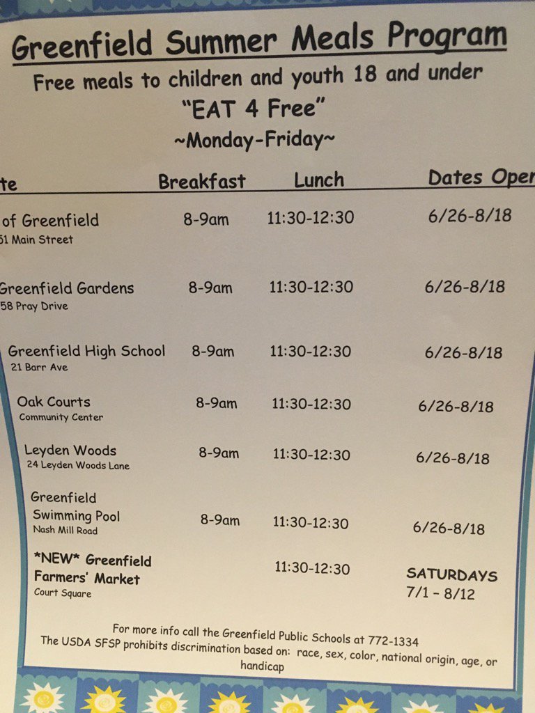 4sc_greenfield's tweet photo. Greenfield Public Schools offering tons of free summer meals! @Super_GPS @bbbsFC @GoGreenfield @Greenfield_Rec https://t.co/SVrbRfDbcF