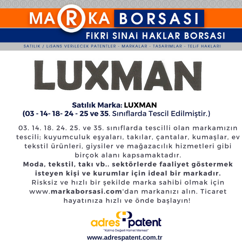 adrespatent's tweet photo. ✔️Günün Satılık Markası #LUXMAN  https://t.co/DMWzyEHfEw   #MarkaBorsası #AdresPatent https://t.co/8IuZaLUzII
