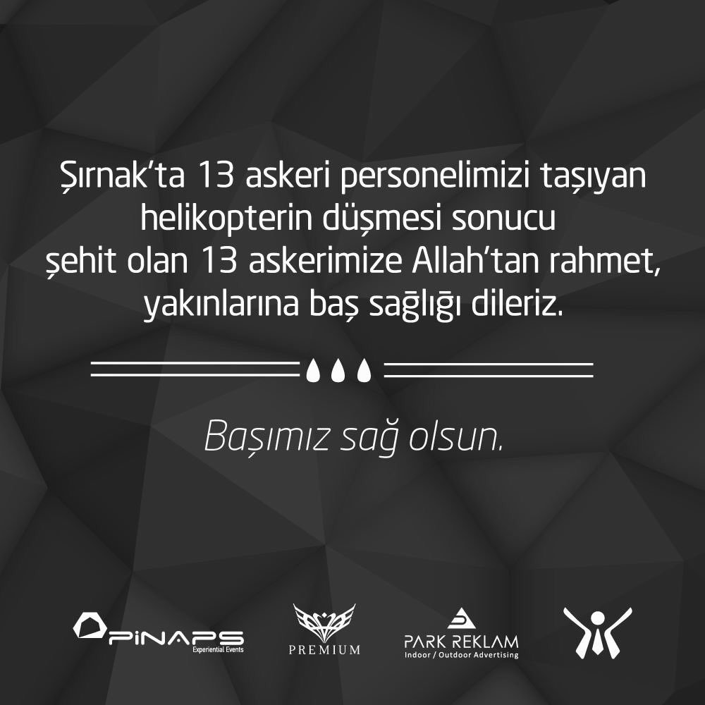 Şırnak'ta askeri personelimizi taşıyan helikopterin düşmesi ile şehit olan 13 askerimize Allah'tan rahmet, yakınlarına başsağlığı dileriz.