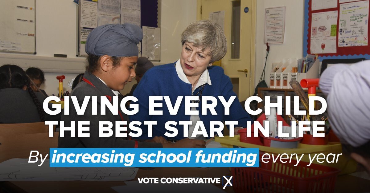 Conservatives's tweet photo. Theresa May’s Plan for a Stronger Britain means increasing school funding every year, so every child gets the best start in life. https://t.co/BUes3AJPlV