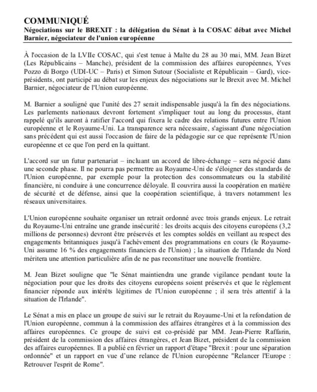 🔹COMMUNIQUÉ🔹
Négociations sur le BREXIT : la délégation du Sénat à la COSAC débat avec M. Michel Barnier, négociateur de l'Union européenne