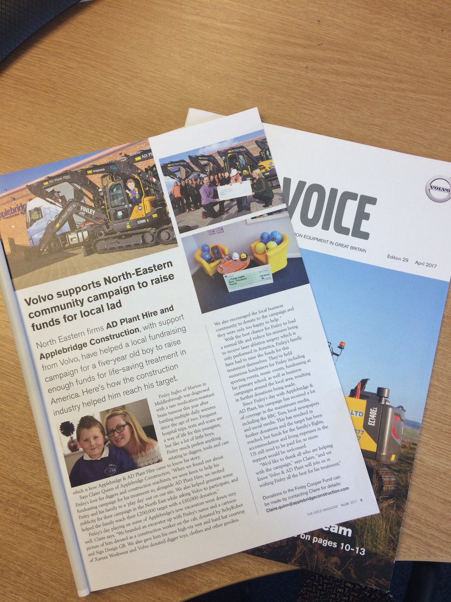 ApplebridgeCL's tweet photo. Fantastic article in #Volvo April #Magazine about @AD_PlantHire &amp; @ApplebridgeCL and the fundraising campaign for @GetfinleytoUSA #TheVoice https://t.co/EQtI9xd9Dx
