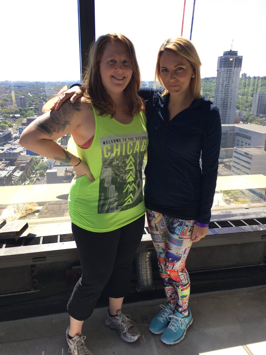 emilysradio's tweet photo. Can u tell I'm nervous? @ProducerSam953 and I are about to rappel down the side of the tallest building in #HamOnt for @BBBSHB!! #OTE2017 https://t.co/Oj80r4rigf