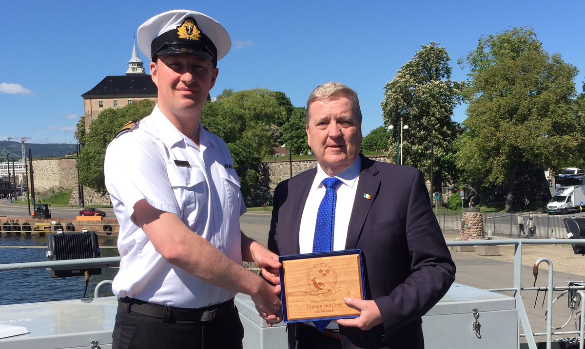 PatBreen1's tweet photo. Thanks to Lt.Commander Stuart Armstrong &amp; the crew of LE Niamh for the hospitality in Oslo. We are very proud of our Navy. @dfpo https://t.co/JMaFFPhcIt