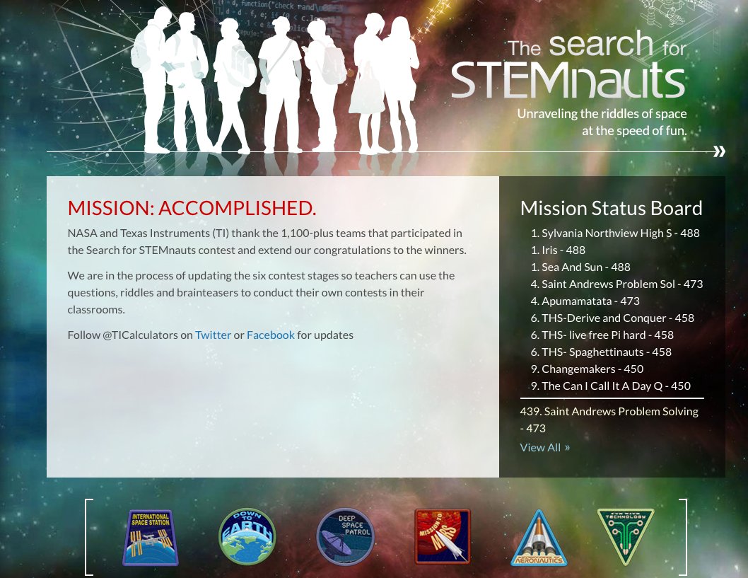 Lisaqt314's tweet photo. Tied for fourth place out of 1100 teams! Great job @SASCOTS Problem-Solving! Thank you @TICalculators & @NASA for the #STEMnauts challenge! https://t.co/gZez86BeYU