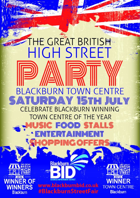 Blackburn_BID's tweet photo. We'll be celebrating our win of #GBHighSt on Saturday 15th July! Come and join us! https://t.co/0LhlkPjfci