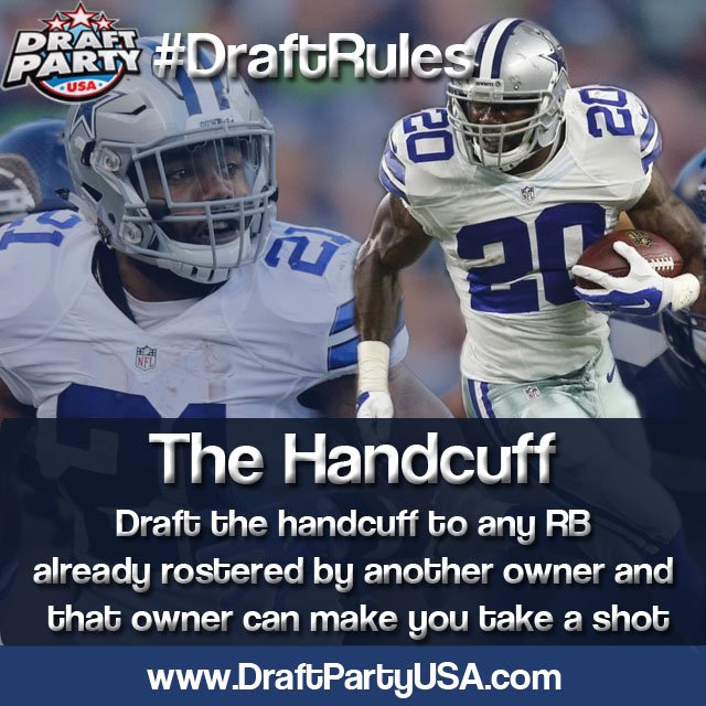 draftpartyusa's tweet image. #DraftRules - The Handcuff - Draft the handcuff to any RB already drafted and that owner can make you take a shot! #fantasyfootball #NFL