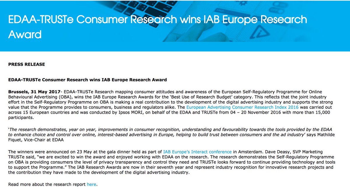 EDAAEurope's tweet photo. 👏 EDAA @TRUSTe #Consumer #Research wins @IABEurope Award! https://t.co/N5lRbe1e2n 🙌 #digitalads #Digifest17 #DigitalAgenda #Tech #privacy https://t.co/RUjgrFRB04