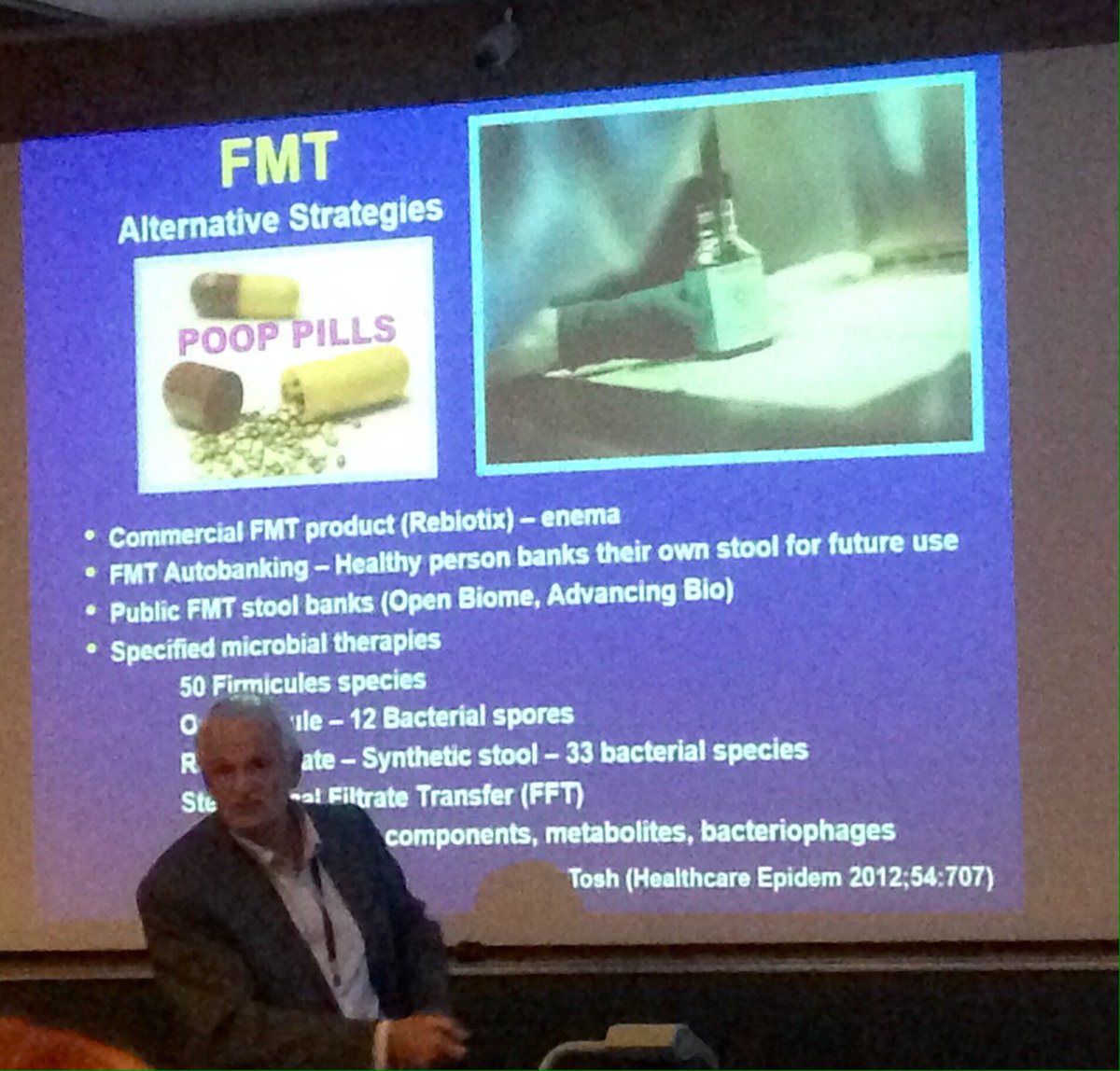 Jacqui_couch's tweet photo. The legend Steve McClave discussing the practicalities of faecal transplantation yesterday... This guy knows his shit 🙊💩😷 #icunutrition https://t.co/NUFQTD2yOY