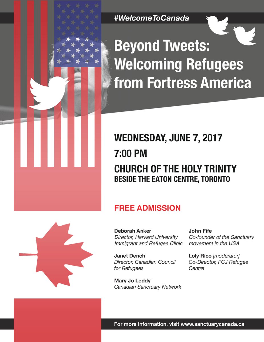 sanctnetworkCA's tweet photo. FREE PUBLIC EVENT June 7 #Toronto: #BeyondTweets Welcoming #Refugees from Fortress America: https://t.co/MwbgIY4Prk w/ @jdench @DeborahAnker https://t.co/8pRSzX7Pk0