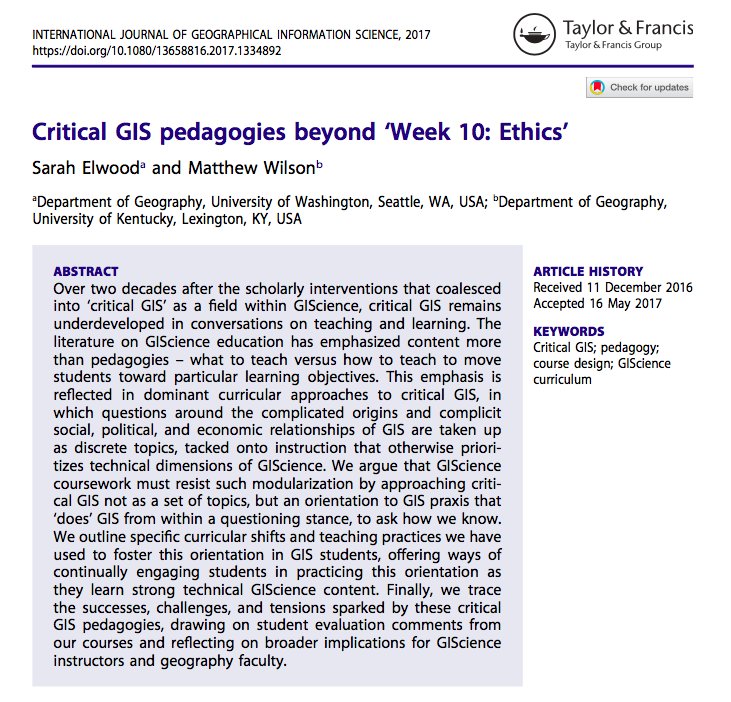 wilsonism's tweet photo. Critical GIS pedagogies beyond ‘Week 10: Ethics’ in #IJGIS with @SarahElwood1 https://t.co/GsOsfBmpcz https://t.co/dgkQ3SvPHC