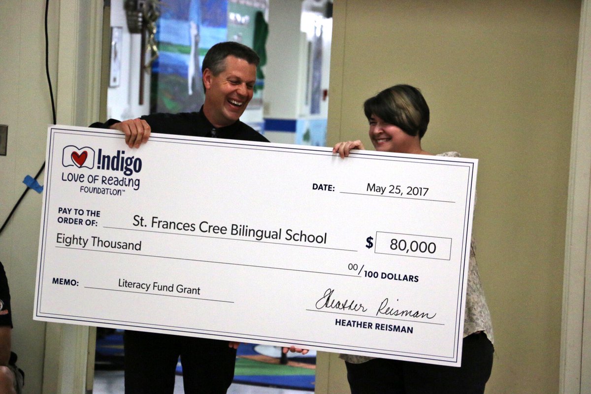 GSCSNews's tweet photo. St. Frances Cree Bilingual School receives $80K @IndigoLOR grant. Wow! #GSCSReads #CatholicEdSK https://t.co/1GG1UpUIaj