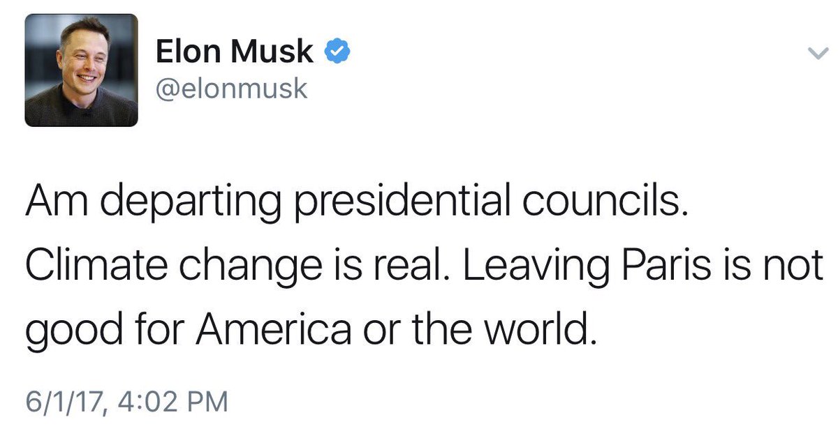 pierregobet's tweet photo. Autre réaction #AccorddeParis: le patron de @TeslaMotors, @elonmusk coupe les ponts avec l'administration @POTUS. https://t.co/XcEstqdlA7