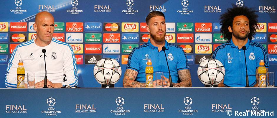 realmadrid's tweet photo. 🎙💬 #RMUCL 

#Zidane, @SergioRamos y @MarceloM12 comparecerán en rueda de prensa mañana a partir de las 19:45h

https://t.co/KX2XE1Vwjp https://t.co/VO26uT17a6