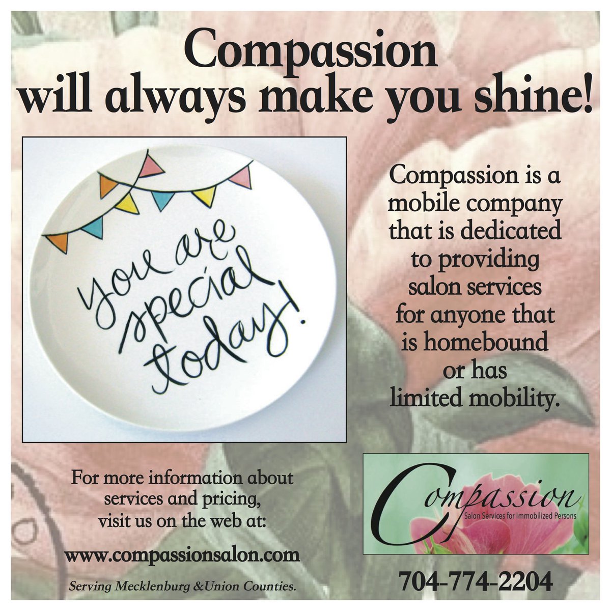 FEEL Special!
Mecklenburg/Union Counties, NC
 #disabled #Challenged #Elderly #SpecialNeeds #Injured
compassionsalon.com