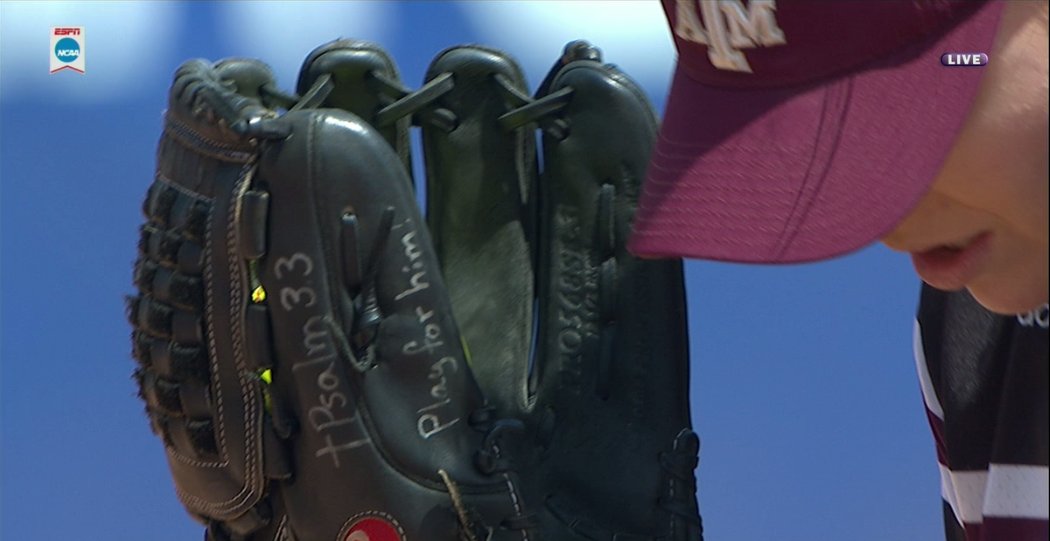 ESPNU's tweet photo. Earlier this season, Texas A&amp;M's Trinity Harrington lost her dad to a long battle with cancer

Today, "Play for him" is written on her glove https://t.co/Izf2N0n7ps
