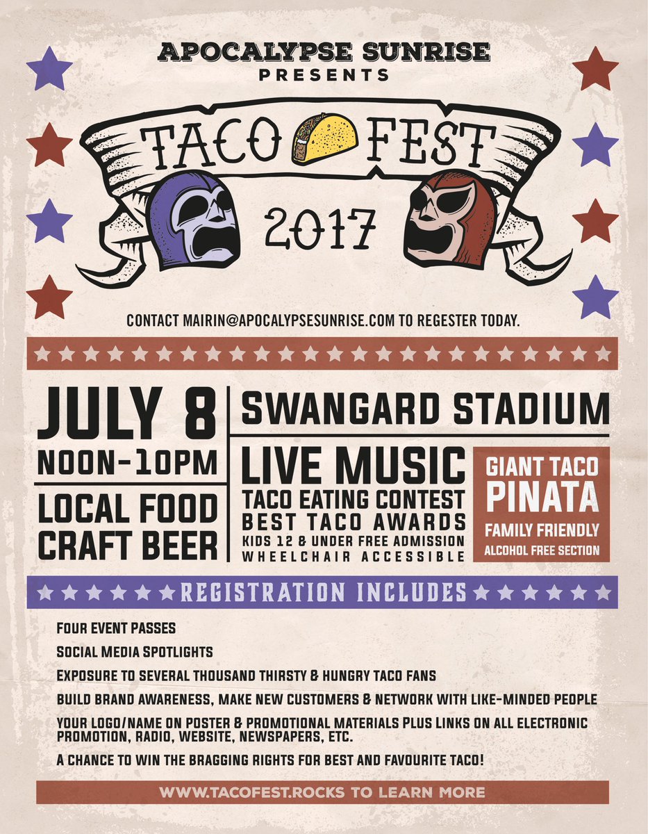 tacofestrocks's tweet photo. Final day for Food Vendors to apply for Taco Fest 2017!
We got room for a couple more restaurants email
mairin@apocalypsesunrise.com https://t.co/xB2XdWd5xg