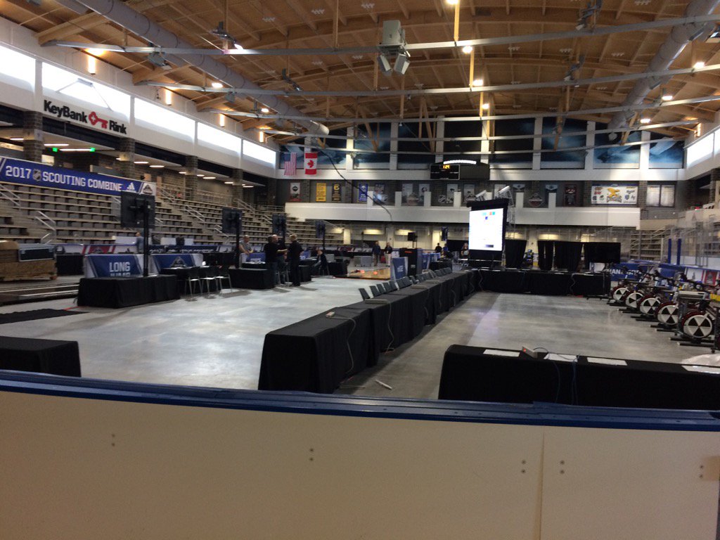 CCM_Pro's tweet image. Interviews are winding down and set up for fitness testing is now underway at the @NHLCentralScout Combine.