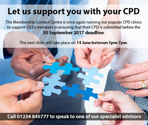 We're running a CPD clinic on 14 June to support CILEx members in ensuring that CPD is submitted before the 30 September deadline #CILExHelp