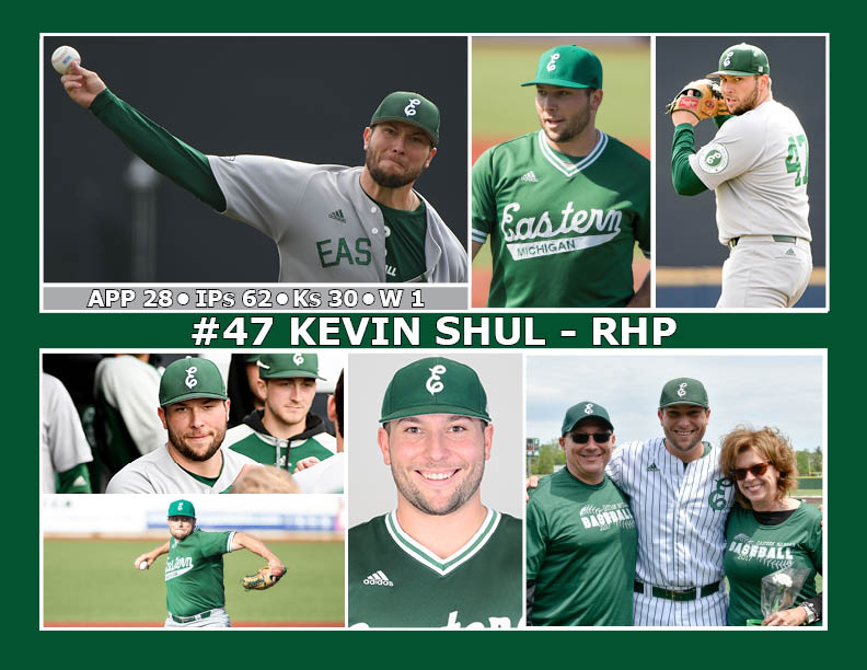 EMU_Baseball's tweet photo. Next is @k_shul! He earned his first career EMU win, while totaling a career-best 19 Ks in 35.1 innings this season! Thank you Kev! #EMUBats https://t.co/eTZAnq2BNS