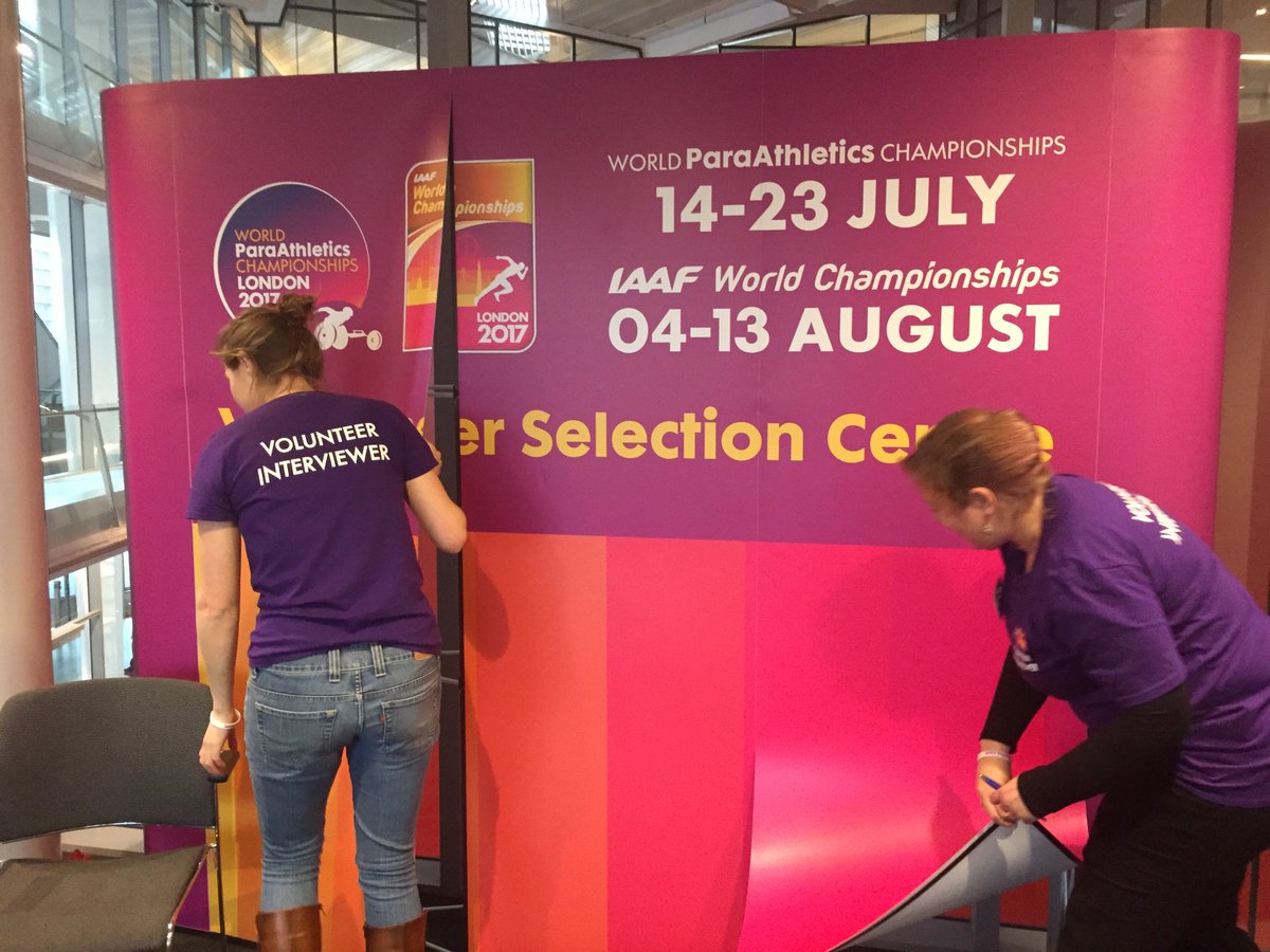London2017's tweet photo. Happy #VolunteersWeek. Volunteers are at the heart of this summer's world athletics. Thank you for everything you do 😁 https://t.co/vjxmWEGqWI