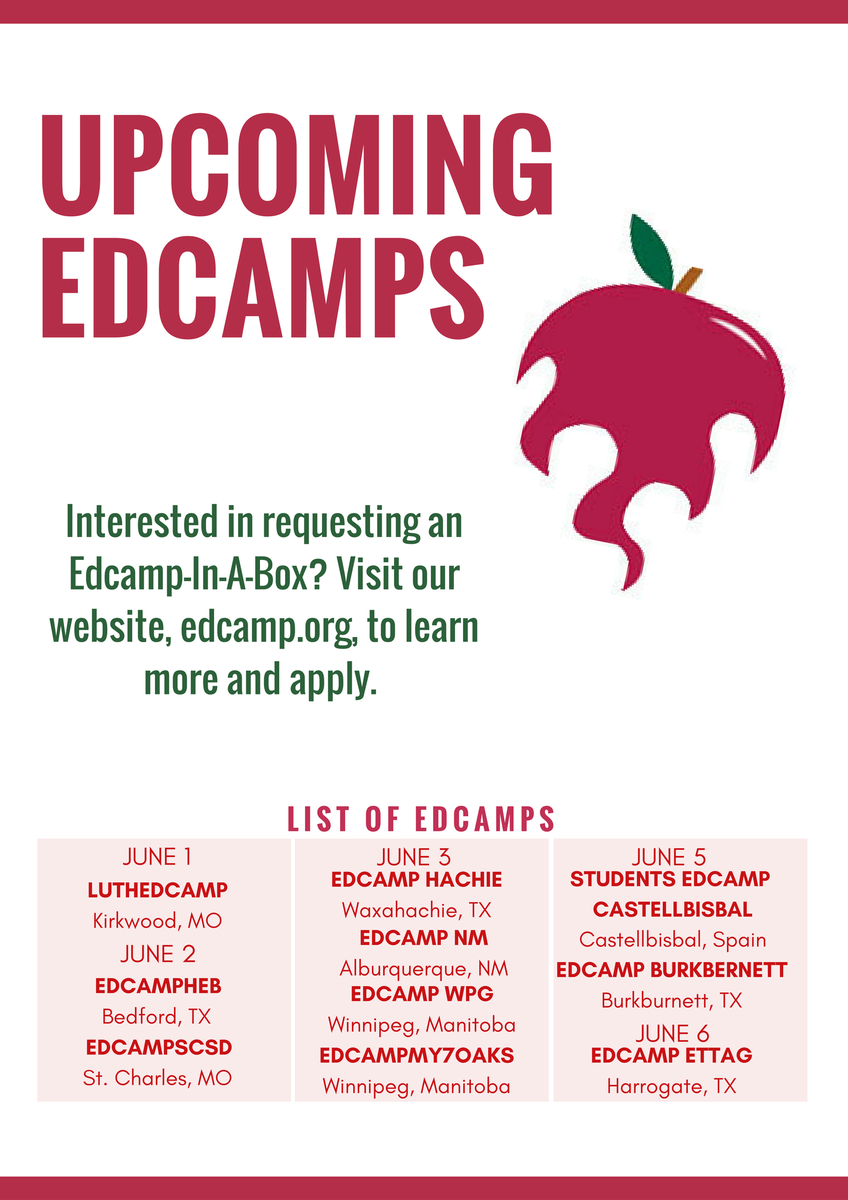 EdcampUSA's tweet photo. Here are all the Upcoming Edcamps that requested an #EdcampInABox. Where are you attending this week? https://t.co/uXtIK0JdCy