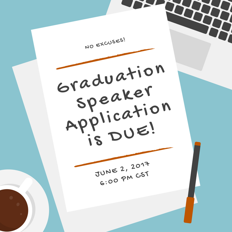 UTHSNation's tweet photo. Attention #UTHS grads- only one day left to turn in your application to be a graduation speaker! #UTHSgrad #UTHSgrad17 https://t.co/2tqo19XPVl