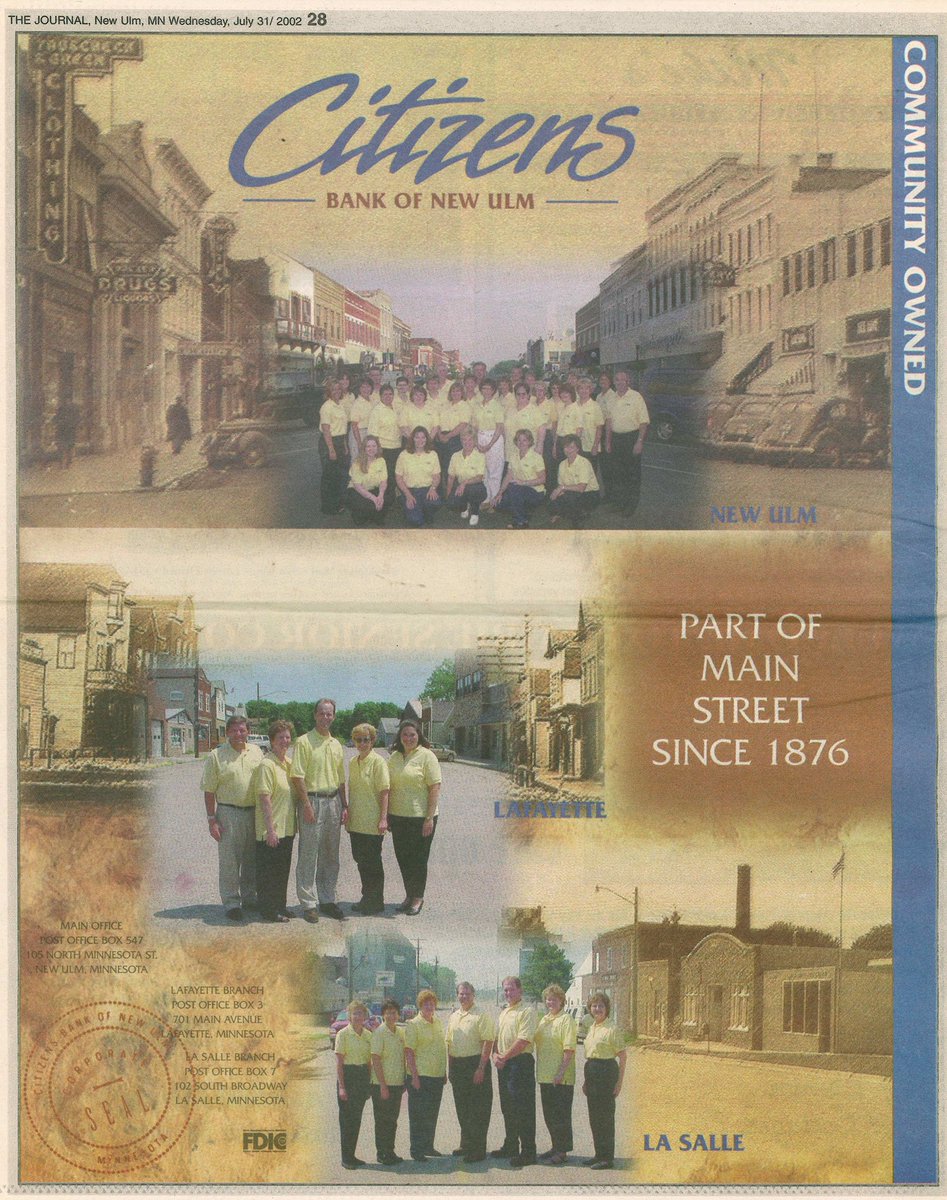 citizensmn's tweet photo. #ThrowbackThursday This cool ad combined old main street photos with our staff photos from 2002! #cbmntbt https://t.co/f3pIMbF9xX