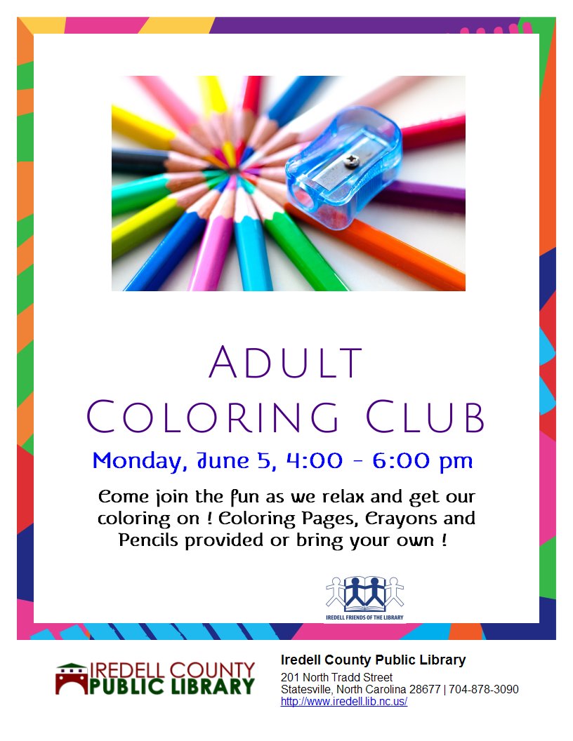 IredellLibrary's tweet photo. Statesville Library
Monday June 5th, from 4- 6 pm
Adult Coloring #iredellcountylibrary https://t.co/52ugCVqFs0 https://t.co/jSFRUQBUNA