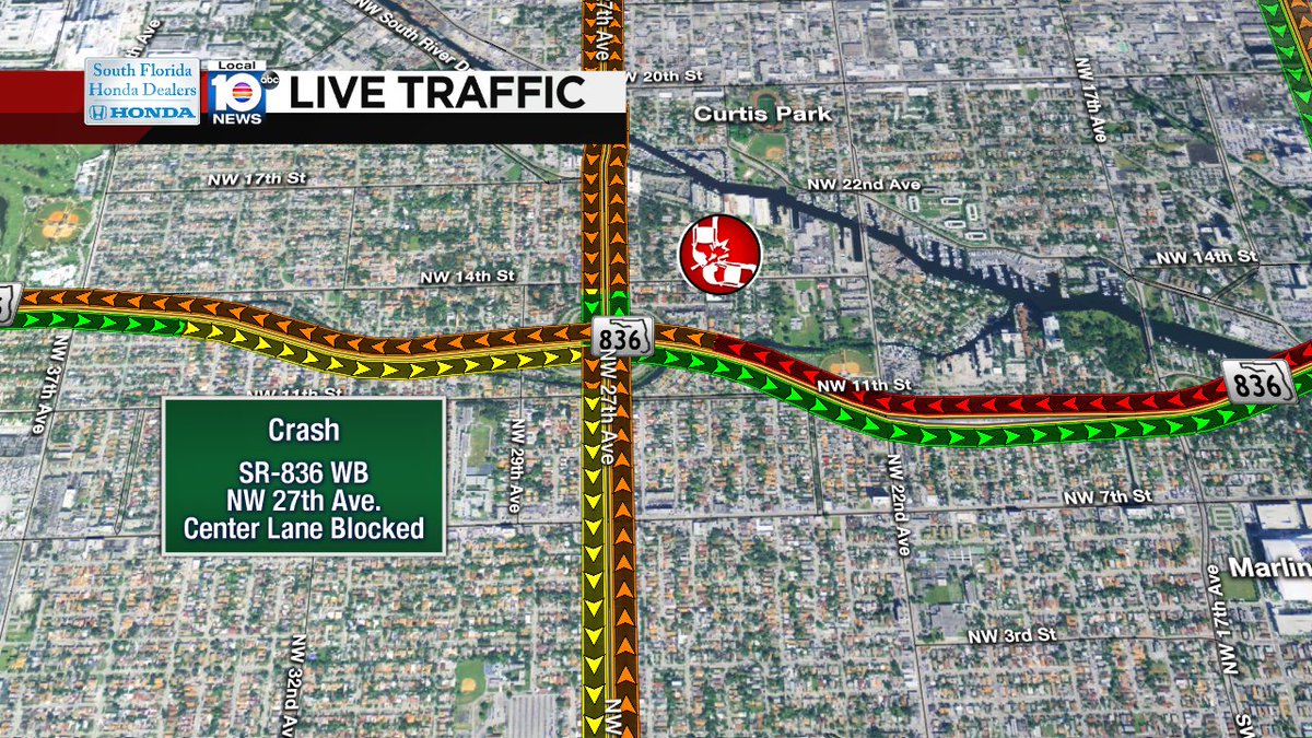 CRASH: SR-836 WB & NW 27th Ave. A center lane is blocked. Expect heavy delays. #TRAFFIC #MIAMI https://t.co/PhZJf15uvG