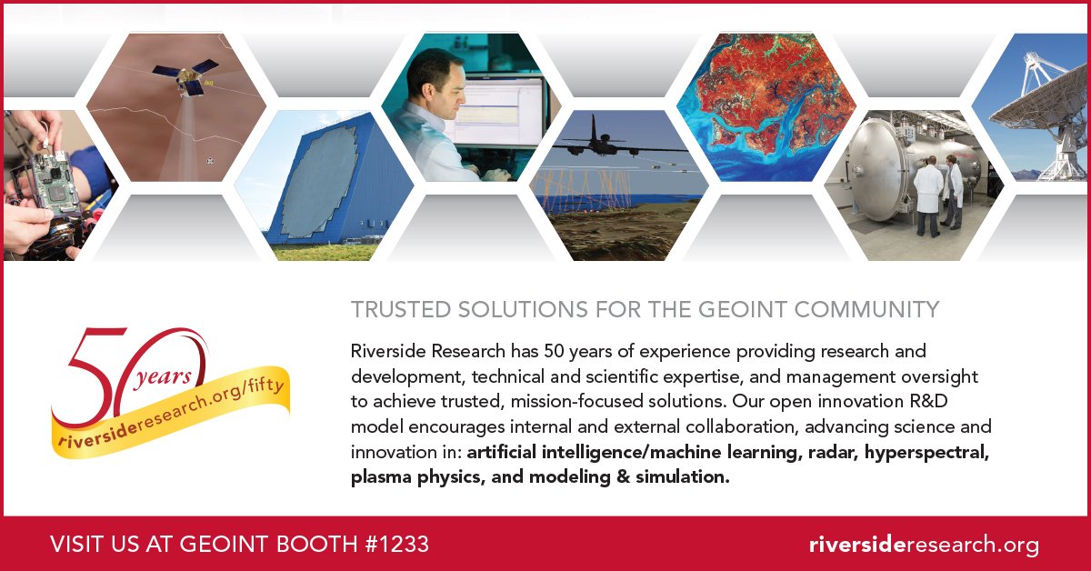 RiversideRsch's tweet photo. Going to #GEOINT2017? Meet our experts in AI/ML, radar, hyperspectral, plasma physics and modeling &amp; sim #openforinnovation @GEOINTsymposium https://t.co/4RTbzMLHBD